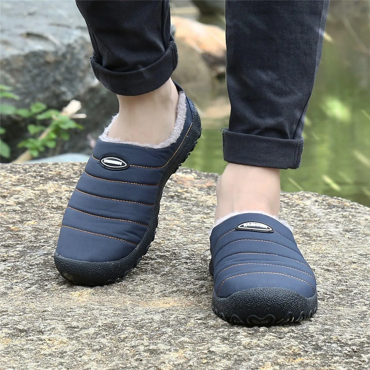 UBFEN Mens Womens Winter Warm Slippers with Fuzzy Plush Lining Slip on House Shoes Indoor Outdoor Anti-Skid Rubber Sole