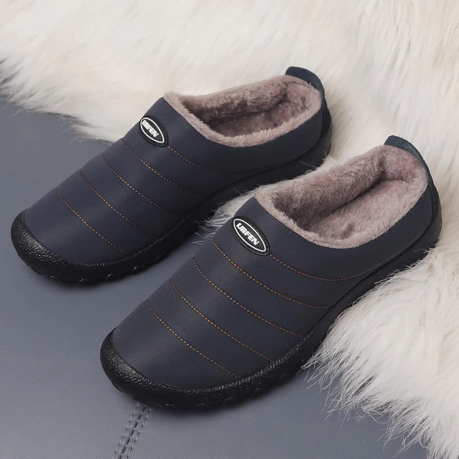 UBFEN Mens Womens Winter Warm Slippers with Fuzzy Plush Lining Slip on House Shoes Indoor Outdoor Anti-Skid Rubber Sole