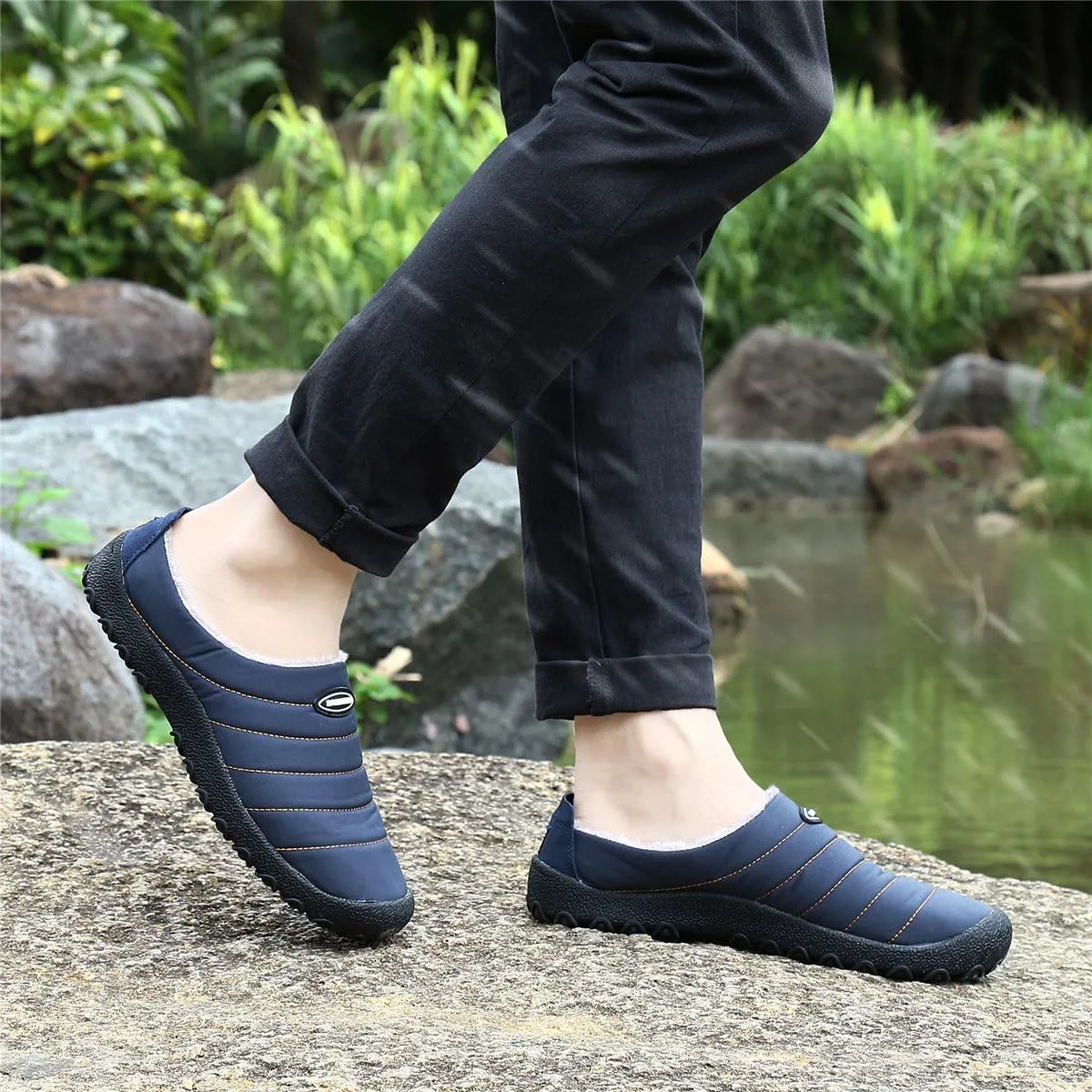 UBFEN Mens Womens Winter Warm Slippers with Fuzzy Plush Lining Slip on House Shoes Indoor Outdoor Anti-Skid Rubber Sole