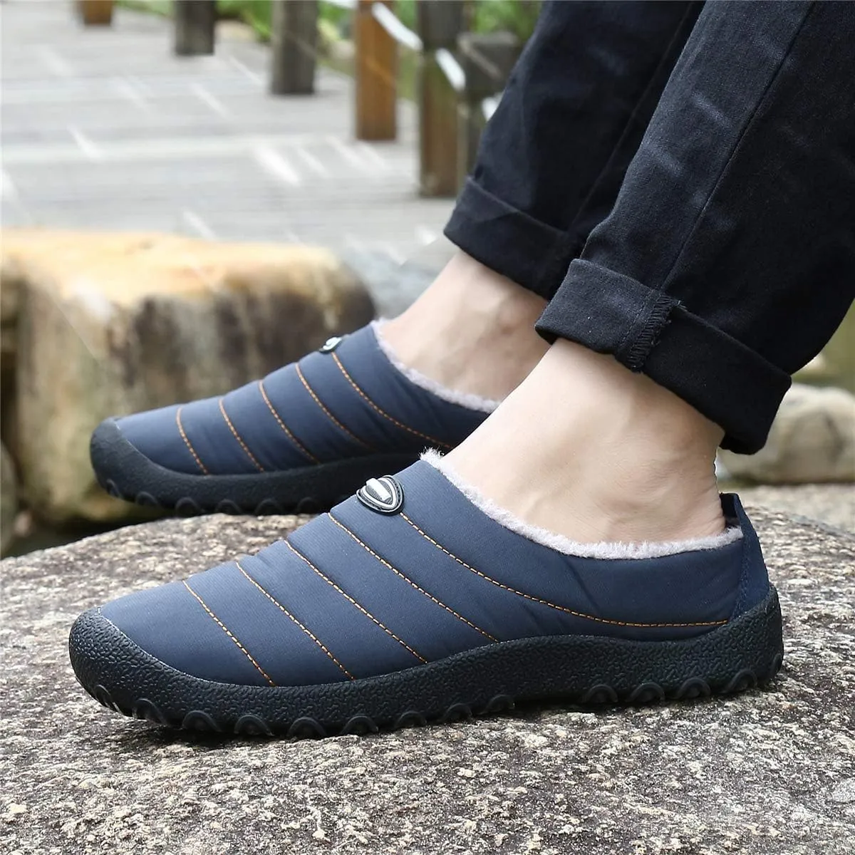 UBFEN Mens Womens Winter Warm Slippers with Fuzzy Plush Lining Slip on House Shoes Indoor Outdoor Anti-Skid Rubber Sole