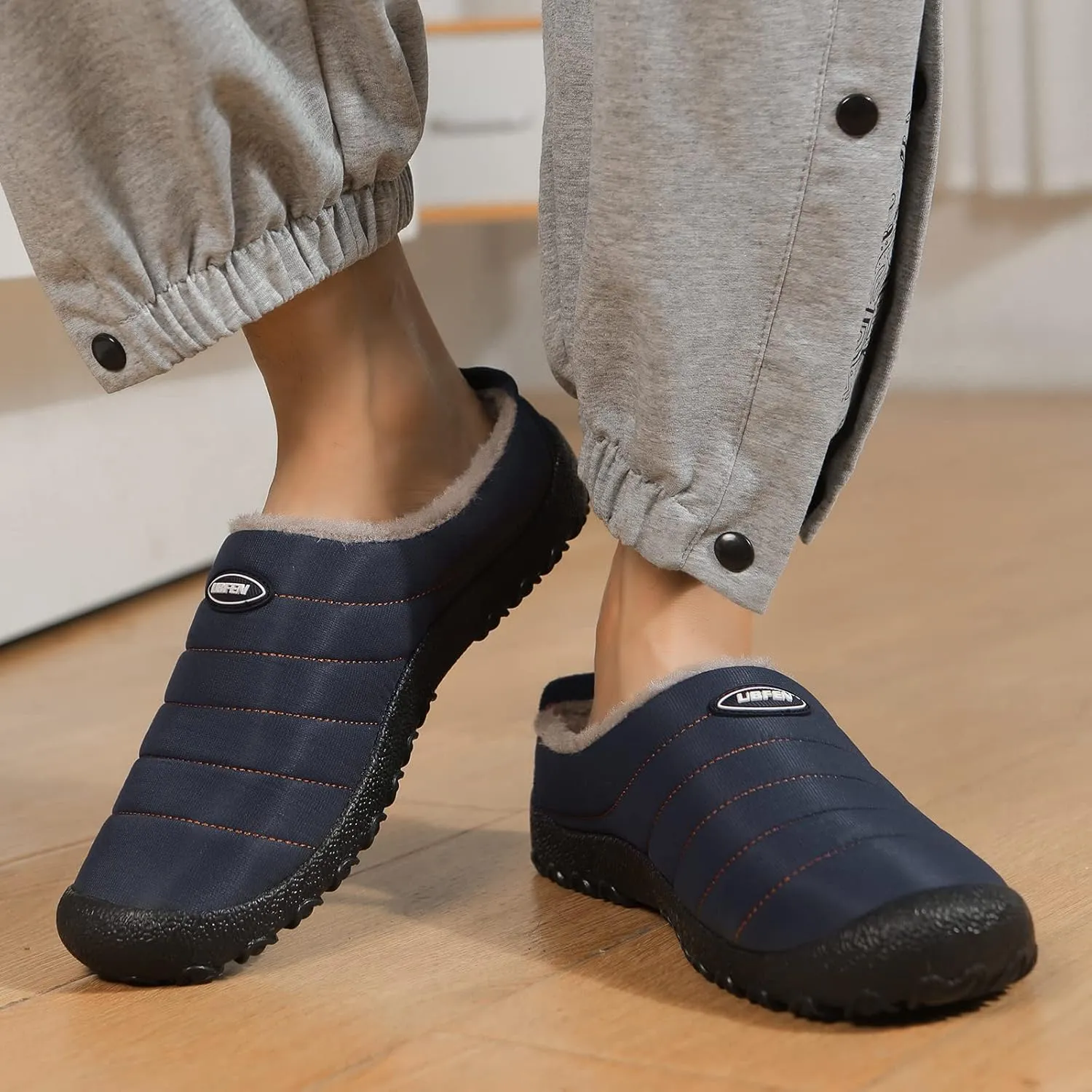 UBFEN Mens Womens Winter Warm Slippers with Fuzzy Plush Lining Slip on House Shoes Indoor Outdoor Anti-Skid Rubber Sole