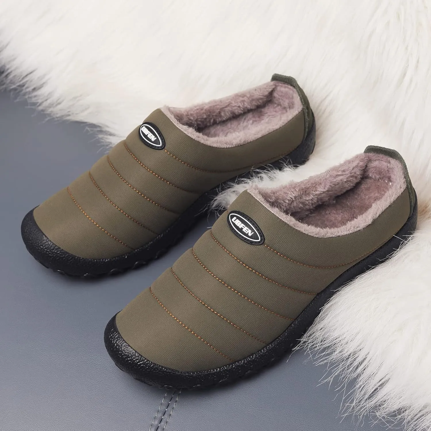 UBFEN Mens Womens Winter Warm Slippers with Fuzzy Plush Lining Slip on House Shoes Indoor Outdoor Anti-Skid Rubber Sole