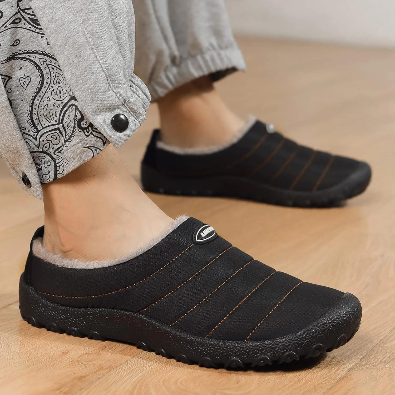 UBFEN Mens Womens Winter Warm Slippers with Fuzzy Plush Lining Slip on House Shoes Indoor Outdoor Anti-Skid Rubber Sole