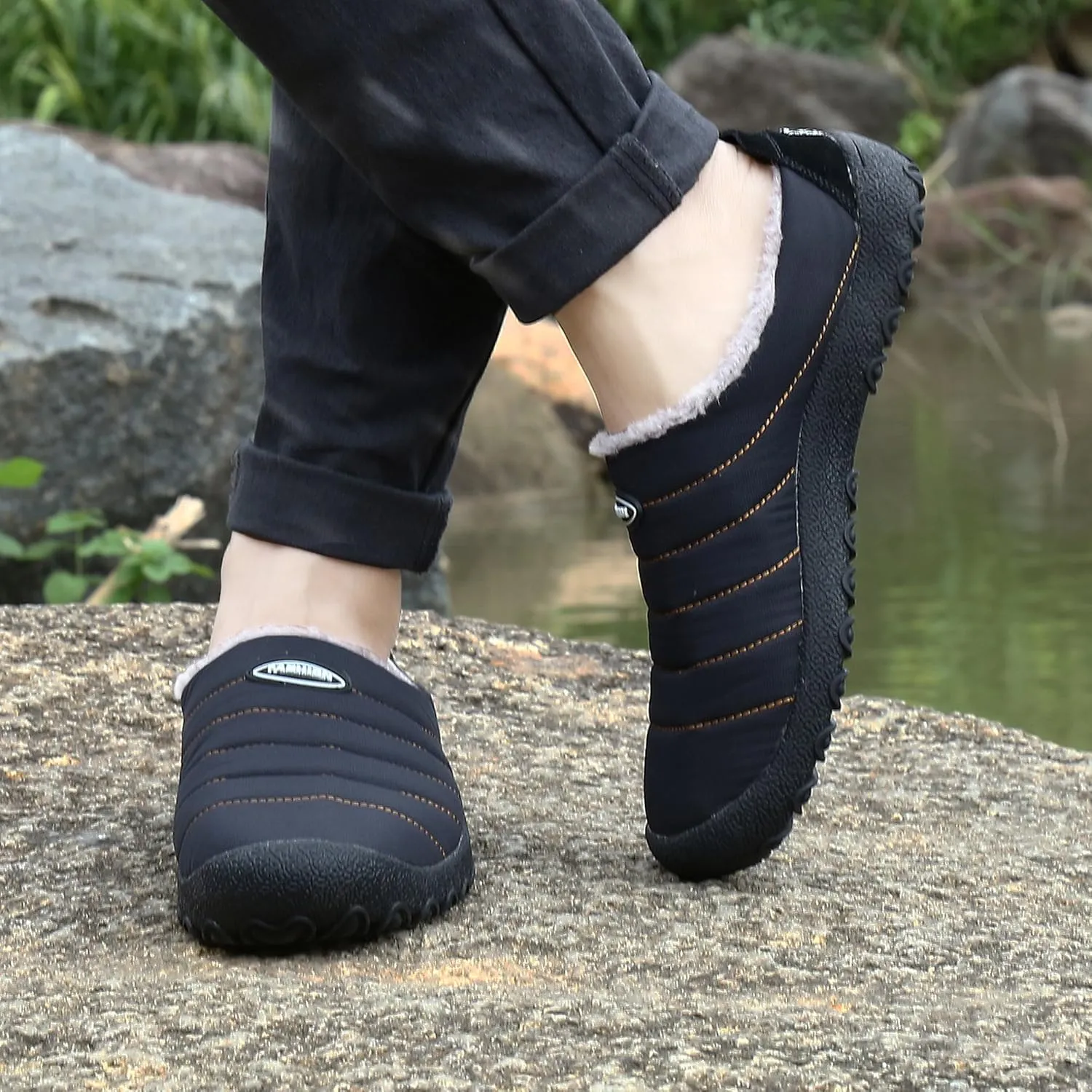 UBFEN Mens Womens Winter Warm Slippers with Fuzzy Plush Lining Slip on House Shoes Indoor Outdoor Anti-Skid Rubber Sole