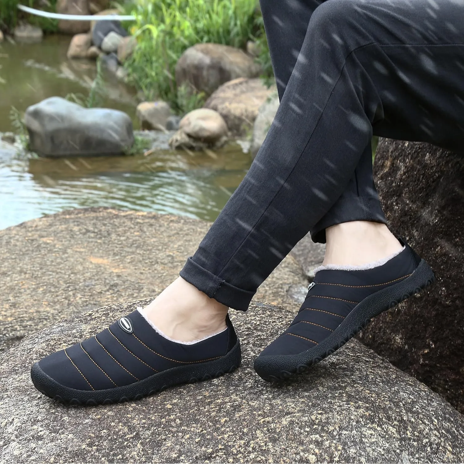 UBFEN Mens Womens Winter Warm Slippers with Fuzzy Plush Lining Slip on House Shoes Indoor Outdoor Anti-Skid Rubber Sole
