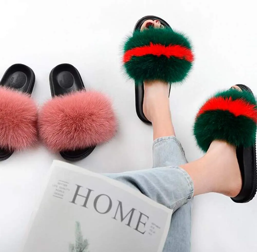 Valpeak Fur Slippers Slides For Women Open Toe Fuzzy Fur Slippers Girls Fluffy House Slides Outdoor Indoor