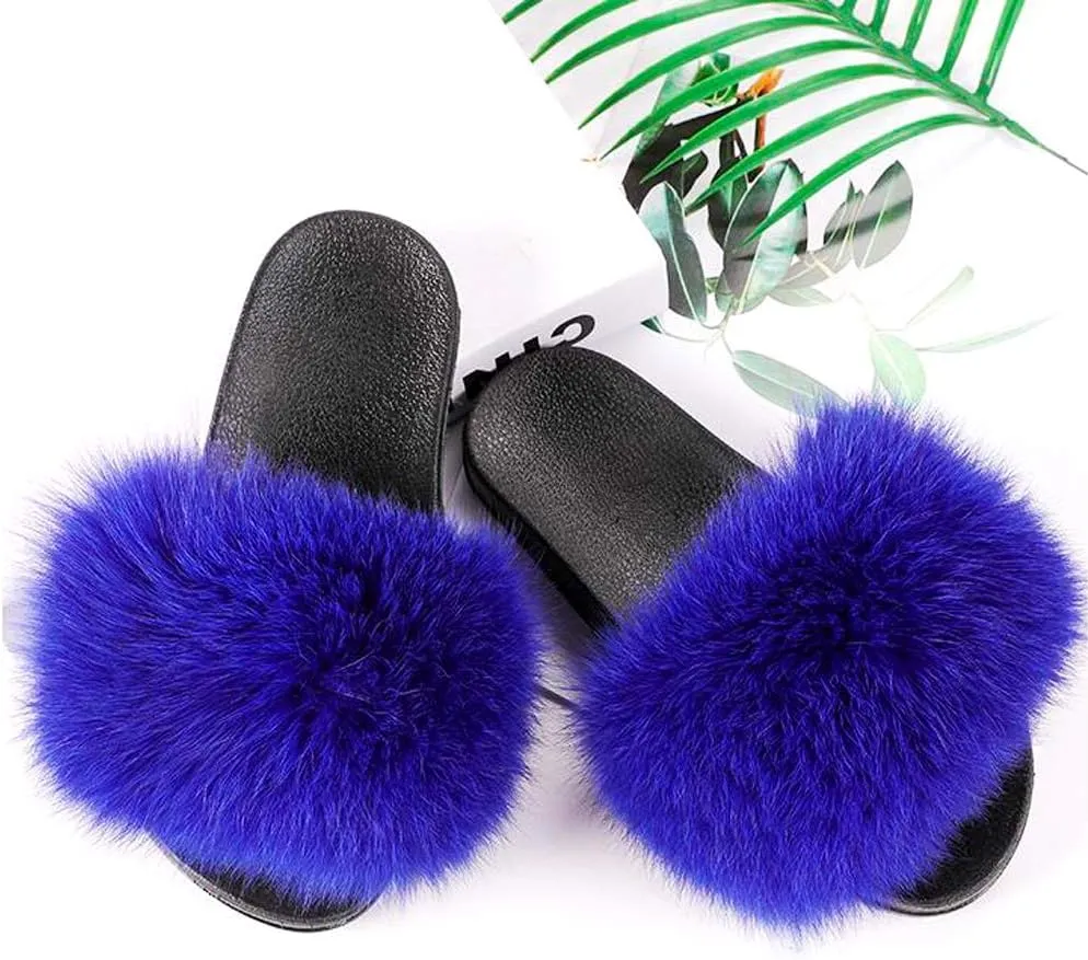 Valpeak Fur Slippers Slides For Women Open Toe Fuzzy Fur Slippers Girls Fluffy House Slides Outdoor Indoor