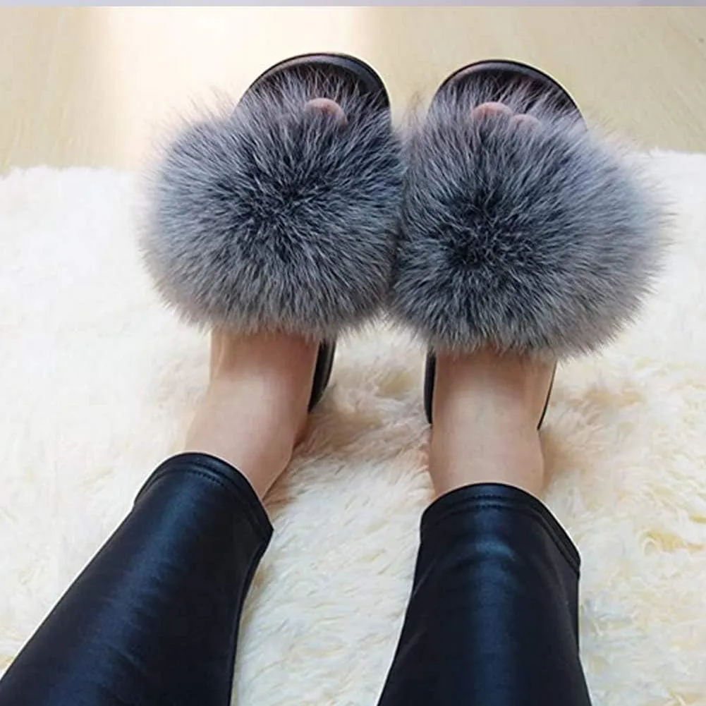 Valpeak Fur Slippers Slides For Women Open Toe Fuzzy Fur Slippers Girls Fluffy House Slides Outdoor Indoor