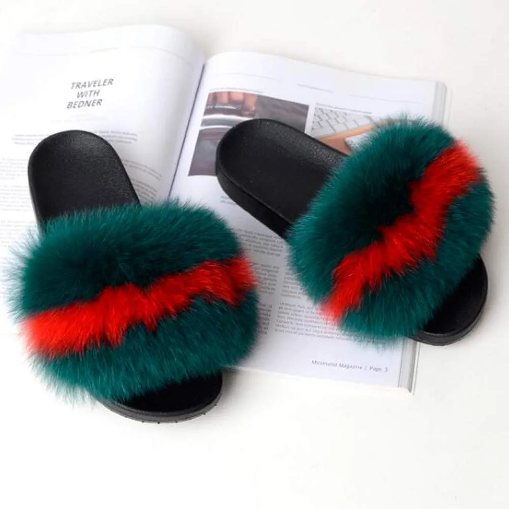 Valpeak Fur Slippers Slides For Women Open Toe Fuzzy Fur Slippers Girls Fluffy House Slides Outdoor Indoor