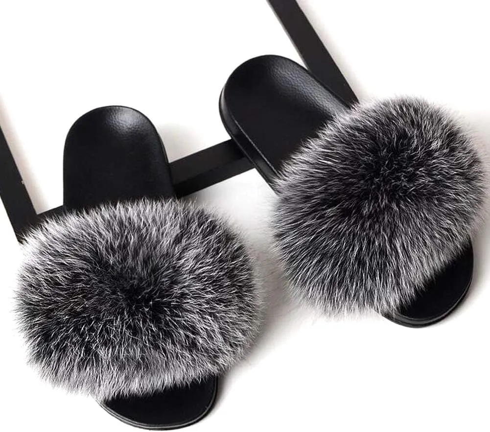 Valpeak Fur Slippers Slides For Women Open Toe Fuzzy Fur Slippers Girls Fluffy House Slides Outdoor Indoor