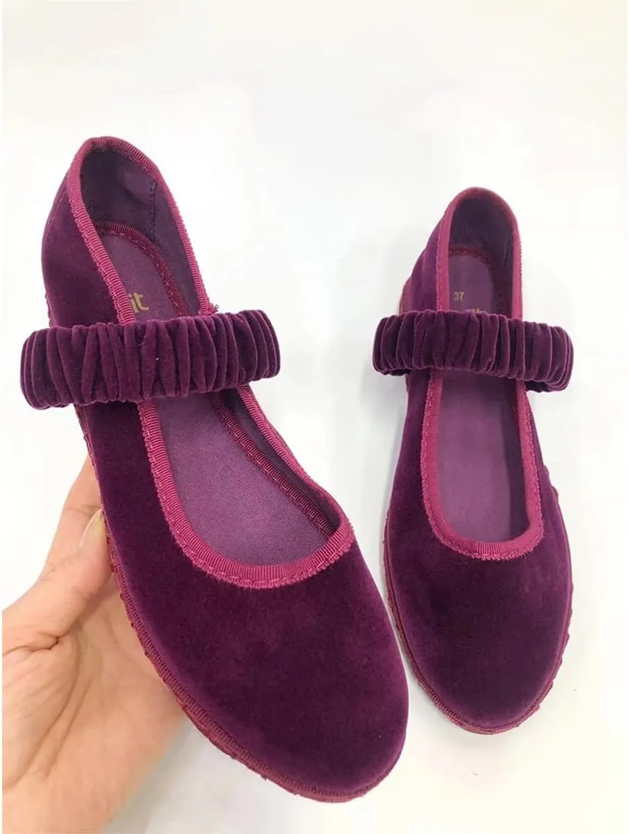 Velvet Mary Janes Women Burgundy Ballet Flats Fall 2024 Y2k Shoes Red Flat Shoes Suede Mary Jane Flats