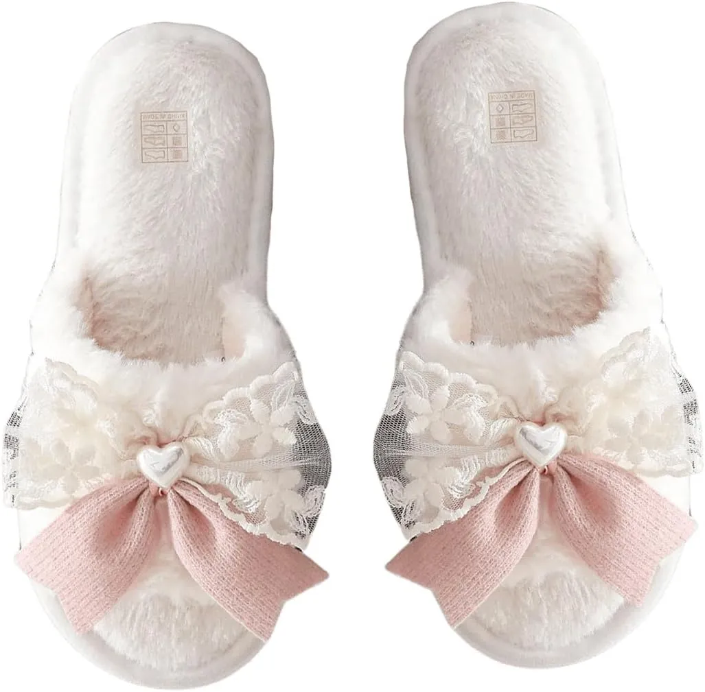 Verdusa Women's 3D Bow Plush Fuzzy Slippers Open Toe Warm Indoor Bride Wedding Slippers