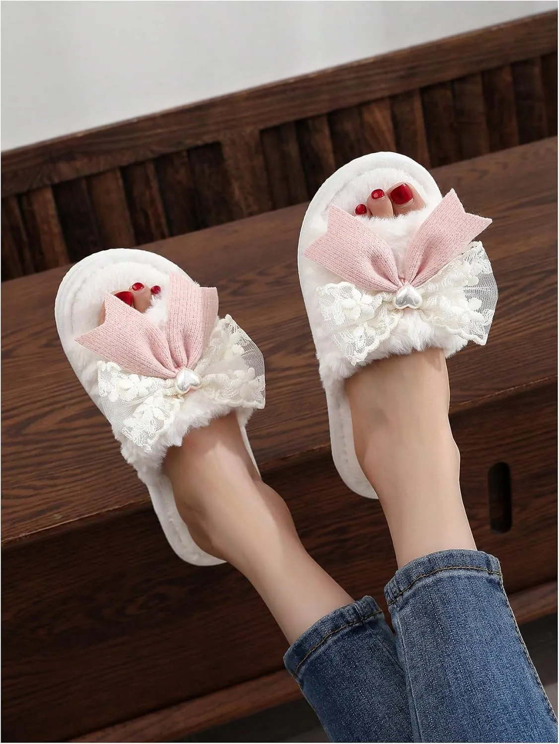 Verdusa Women's 3D Bow Plush Fuzzy Slippers Open Toe Warm Indoor Bride Wedding Slippers