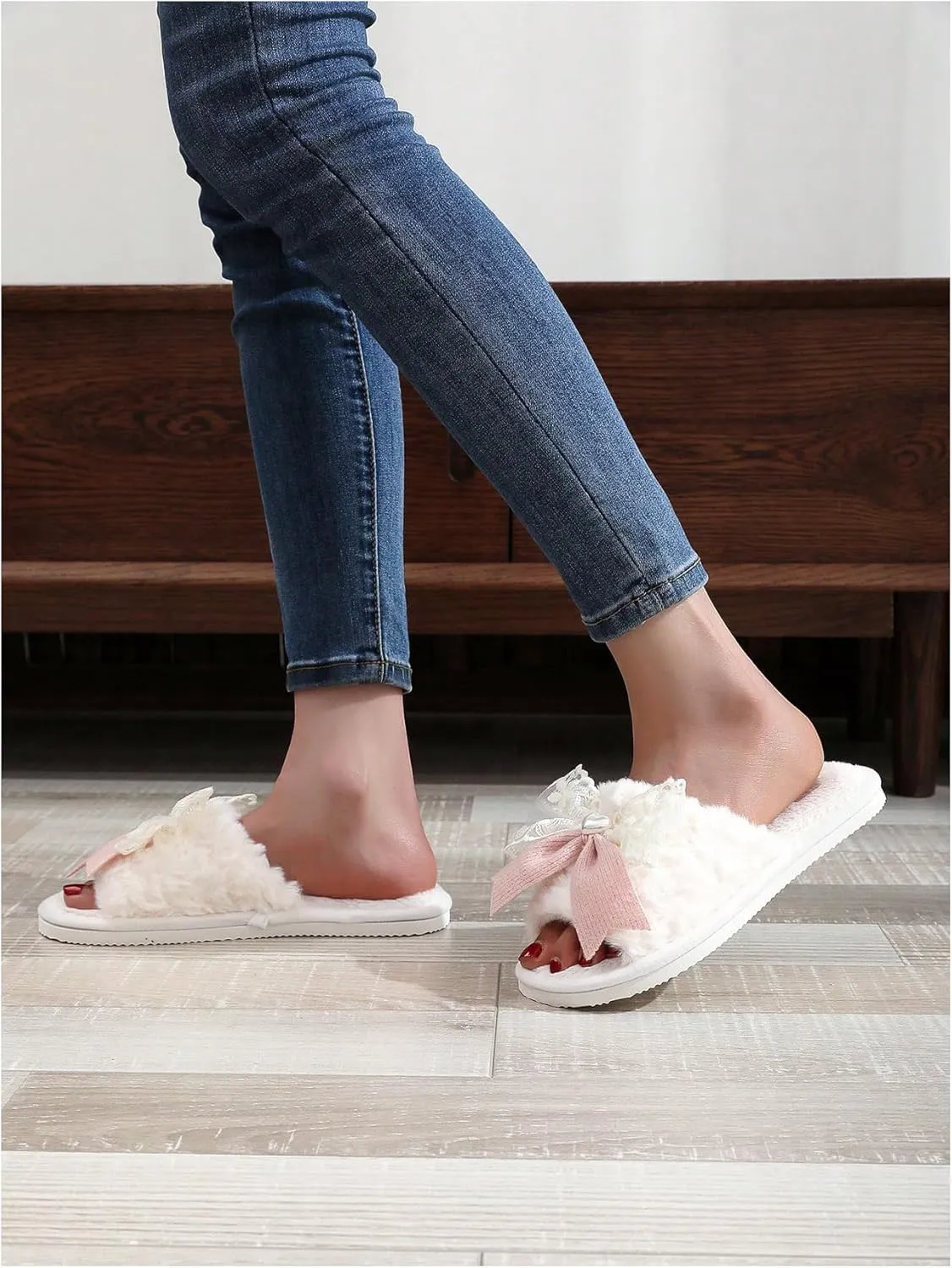 Verdusa Women's 3D Bow Plush Fuzzy Slippers Open Toe Warm Indoor Bride Wedding Slippers