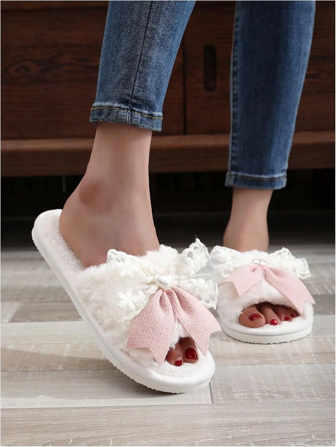 Verdusa Women's 3D Bow Plush Fuzzy Slippers Open Toe Warm Indoor Bride Wedding Slippers