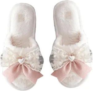 Verdusa Women's 3D Bow Plush Fuzzy Slippers Open Toe Warm Indoor Bride Wedding Slippers