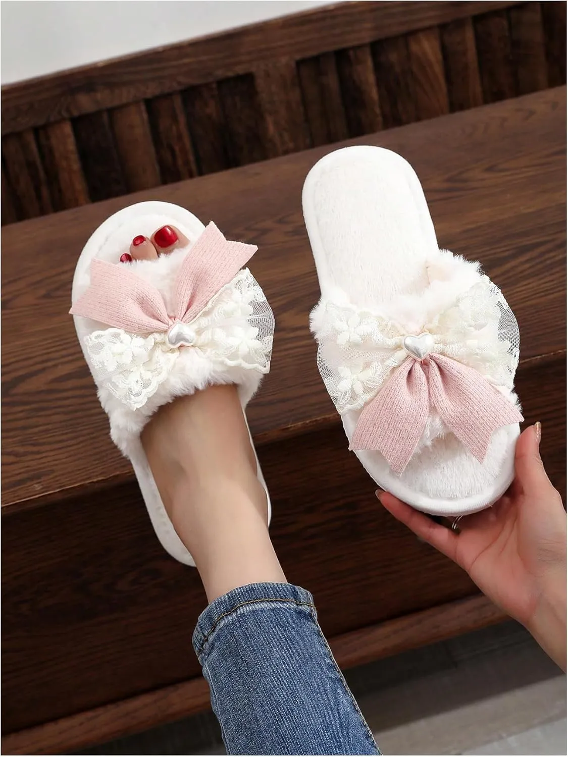 Verdusa Women's 3D Bow Plush Fuzzy Slippers Open Toe Warm Indoor Bride Wedding Slippers