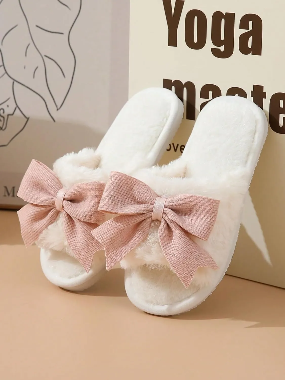 Verdusa Women's Cute Bow Fuzzy Open Toe Indoor Home Slippers Furry Outdoor Slippers