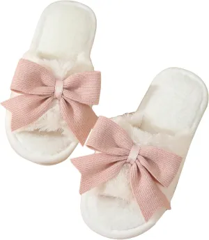Verdusa Women's Cute Bow Fuzzy Open Toe Indoor Home Slippers Furry Outdoor Slippers