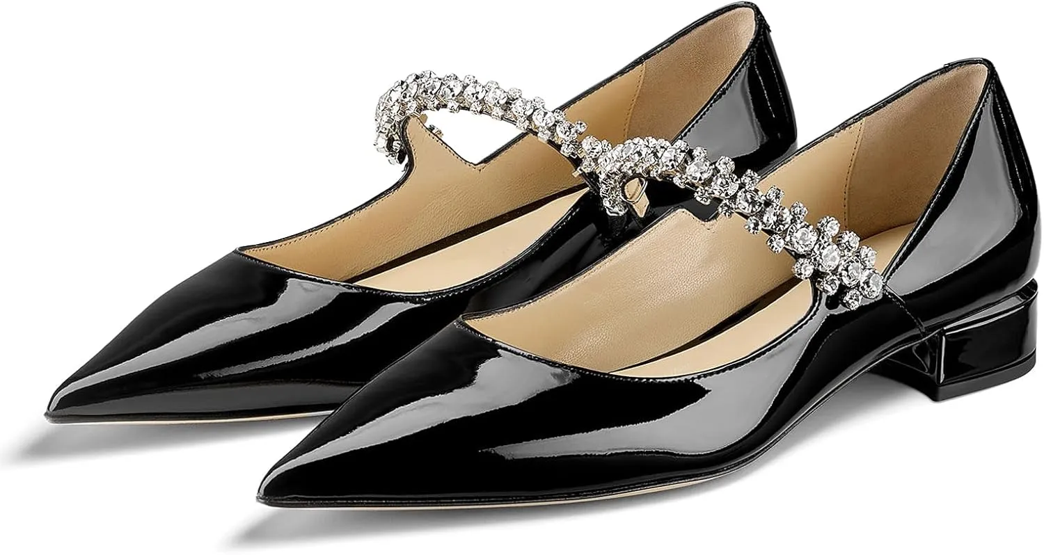 Women Rhinestone Low Heel Pumps Pointed Toe Block Heel Crystals Strap Flats Wedding Party Office Walking Dress Shoes