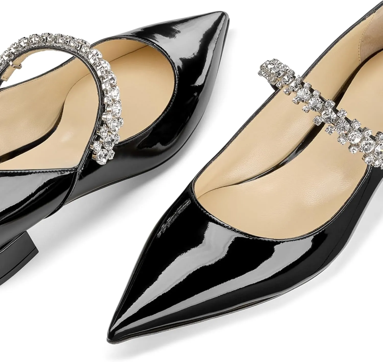 Women Rhinestone Low Heel Pumps Pointed Toe Block Heel Crystals Strap Flats Wedding Party Office Walking Dress Shoes