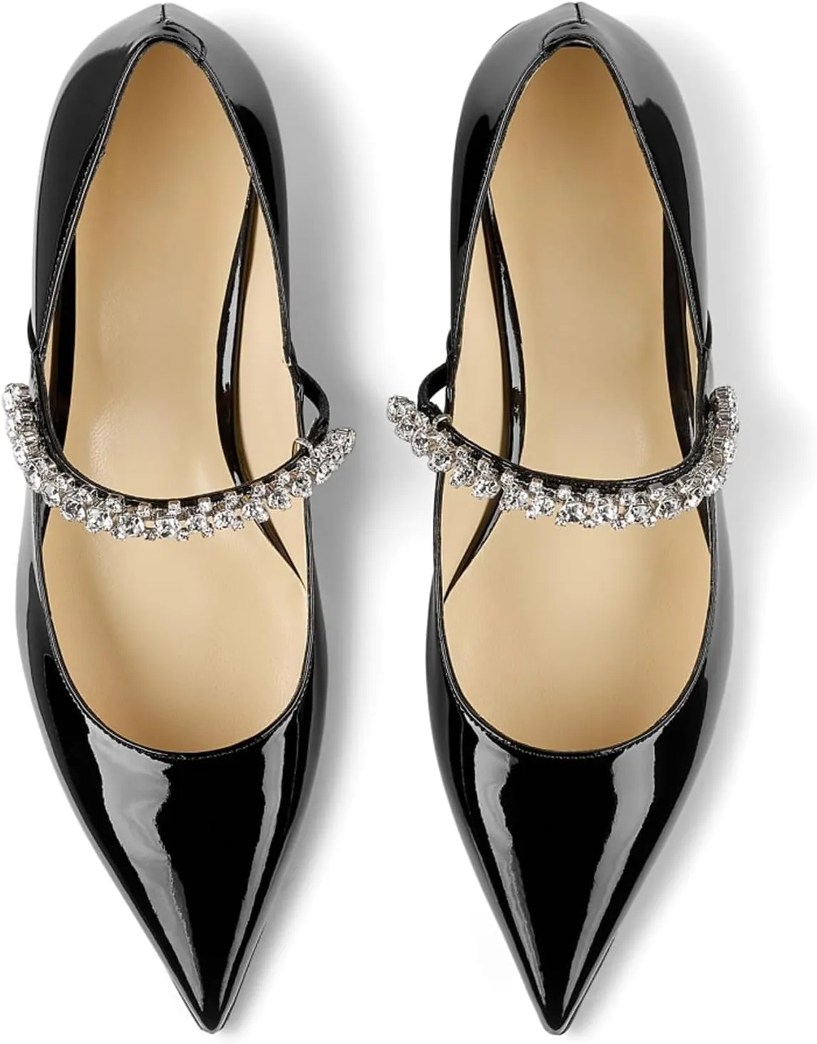 Women Rhinestone Low Heel Pumps Pointed Toe Block Heel Crystals Strap Flats Wedding Party Office Walking Dress Shoes