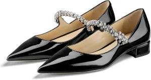 Women Rhinestone Low Heel Pumps Pointed Toe Block Heel Crystals Strap Flats Wedding Party Office Walking Dress Shoes