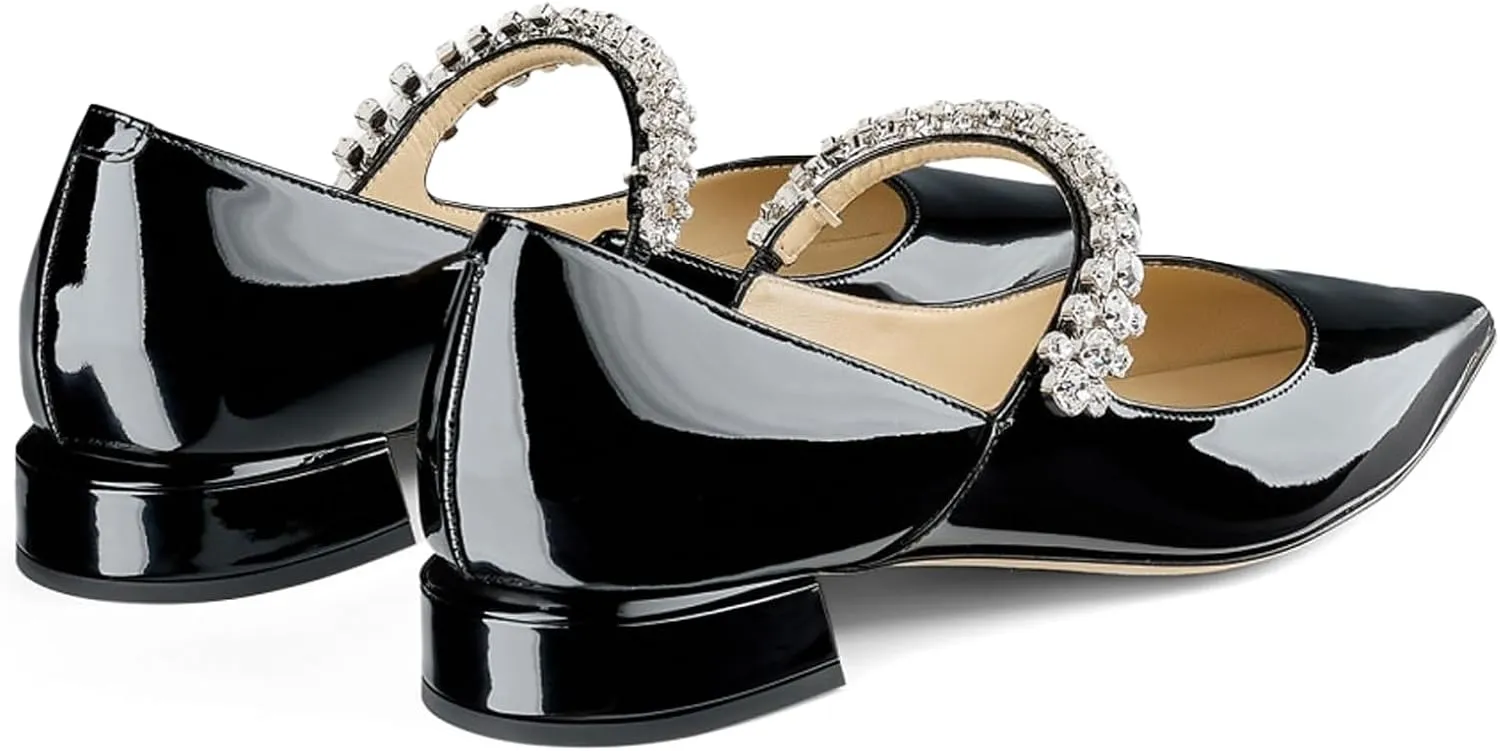 Women Rhinestone Low Heel Pumps Pointed Toe Block Heel Crystals Strap Flats Wedding Party Office Walking Dress Shoes