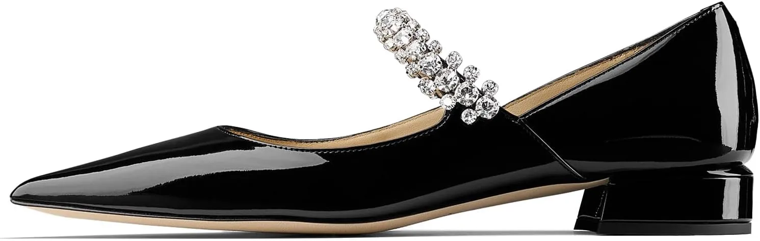 Women Rhinestone Low Heel Pumps Pointed Toe Block Heel Crystals Strap Flats Wedding Party Office Walking Dress Shoes
