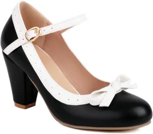 Women Round Toe Mary Jane Pumps High Chunky Heel Two Tone Comfort Fashion Bow Dressy Lolita Shoes