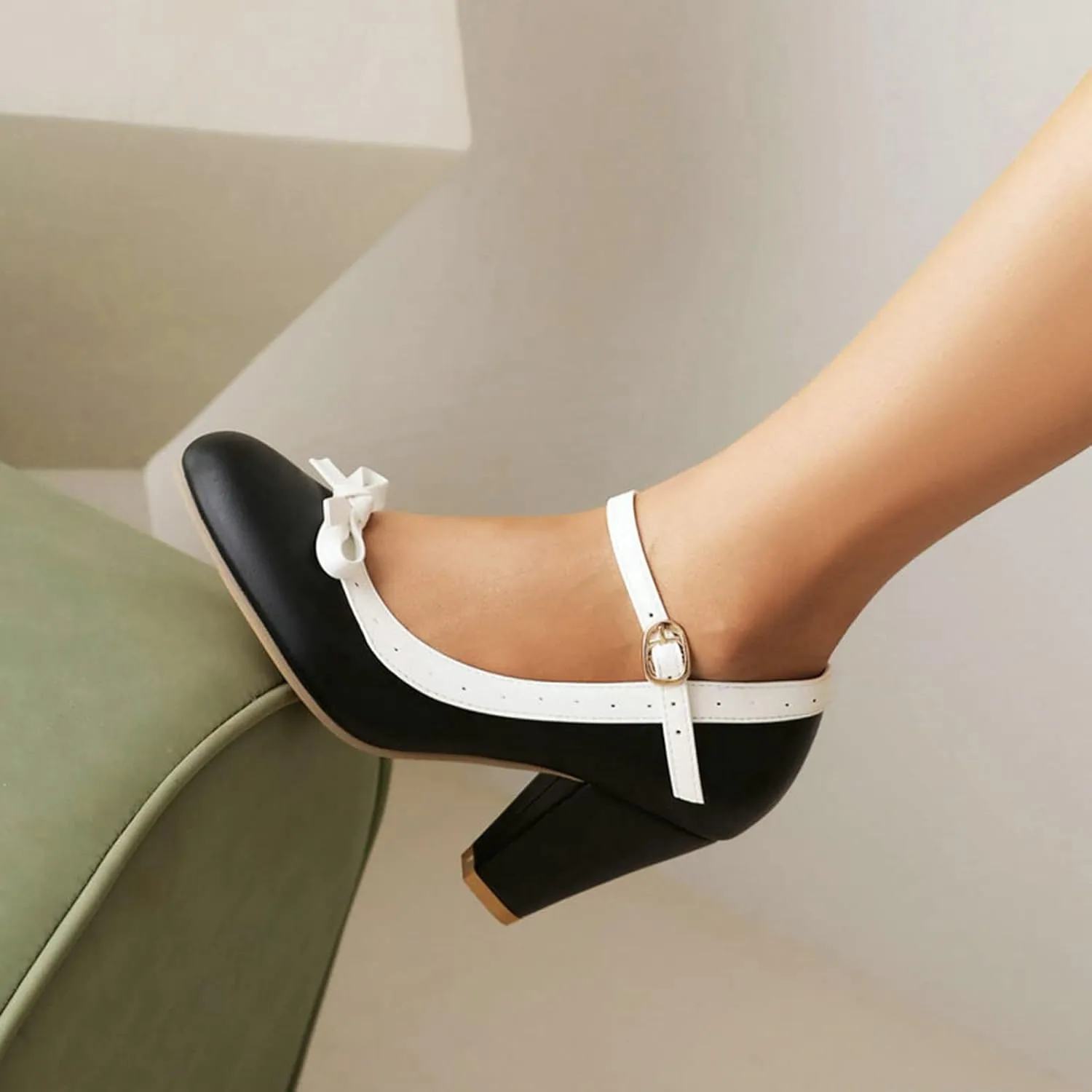 Women Round Toe Mary Jane Pumps High Chunky Heel Two Tone Comfort Fashion Bow Dressy Lolita Shoes