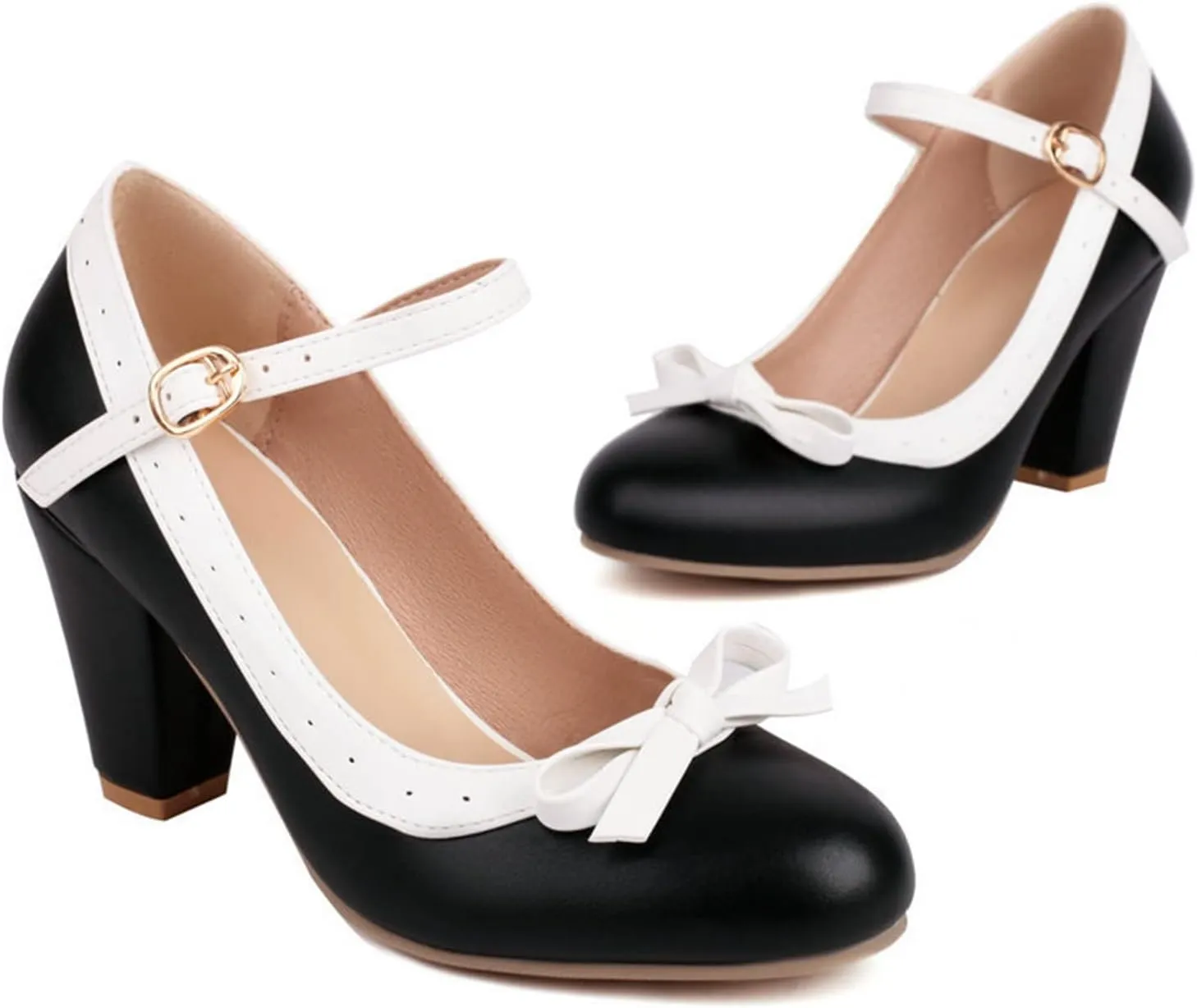 Women Round Toe Mary Jane Pumps High Chunky Heel Two Tone Comfort Fashion Bow Dressy Lolita Shoes