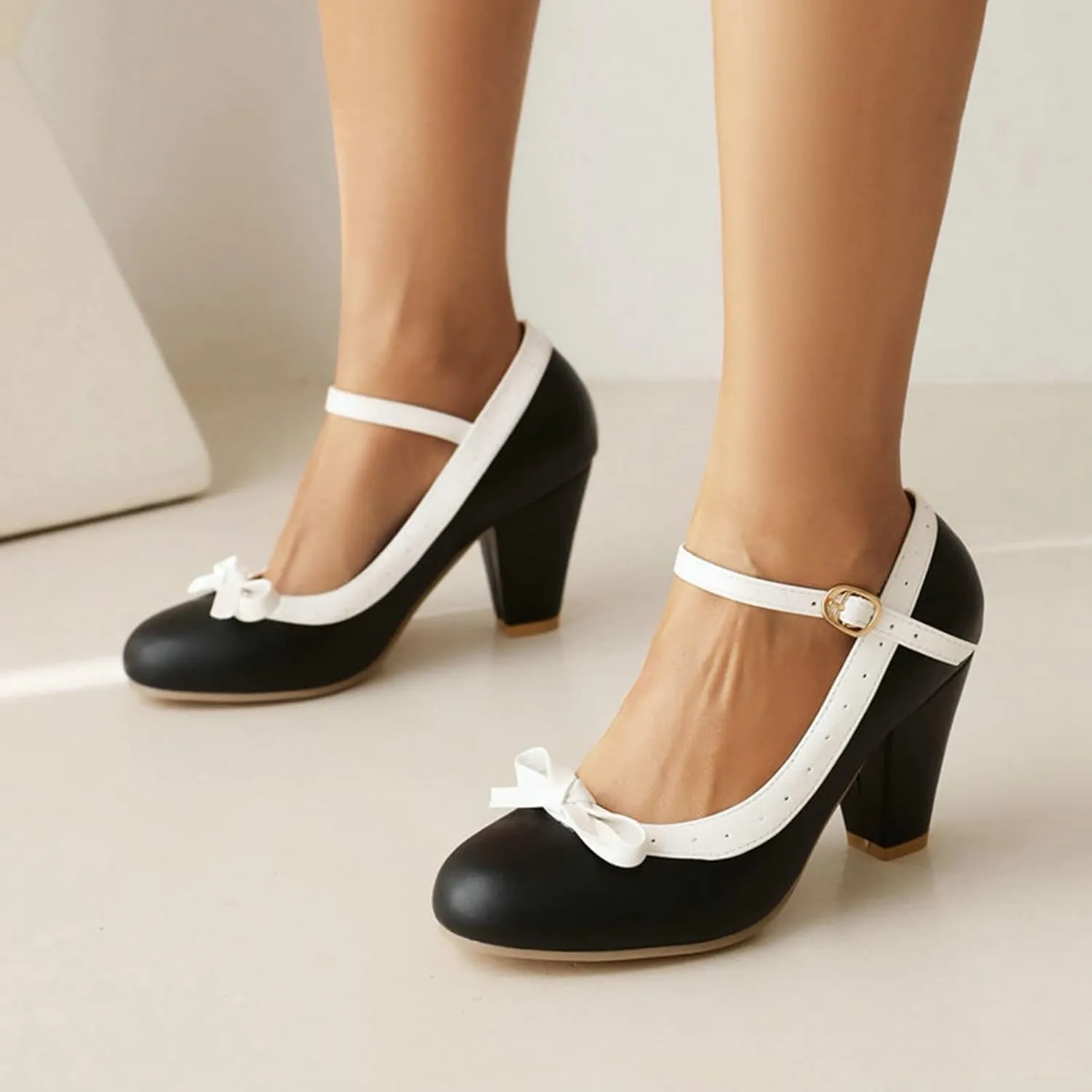 Women Round Toe Mary Jane Pumps High Chunky Heel Two Tone Comfort Fashion Bow Dressy Lolita Shoes