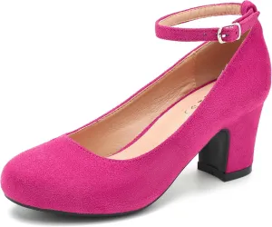Women's Ankle Strap Low Block Chunky Heels Pumps Closed Round Toe Dress Wedding Office Work Shoes
