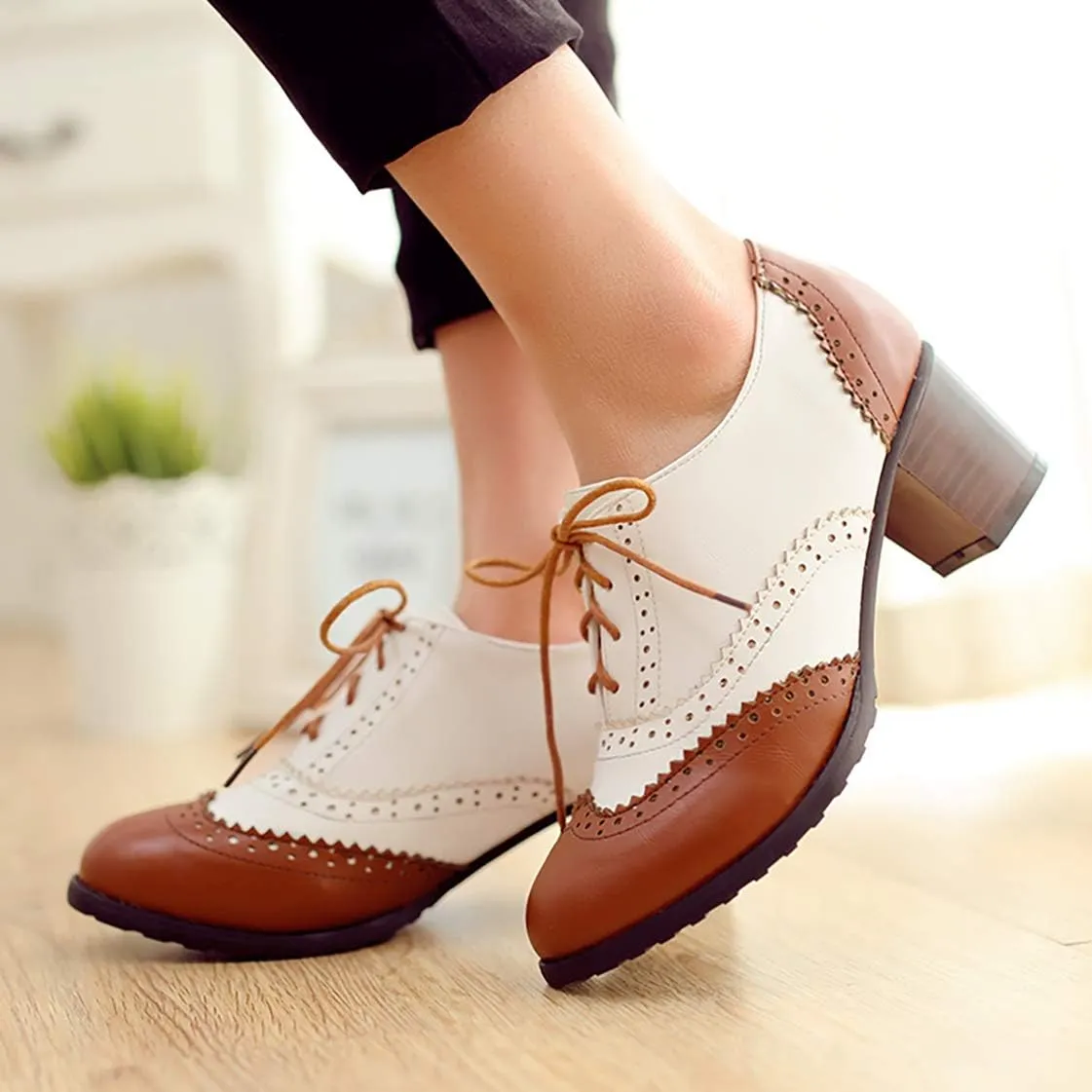 Womens Brogue Oxfords Chunky Block Heel Lace Up Pumps Vintage Dress Shoes