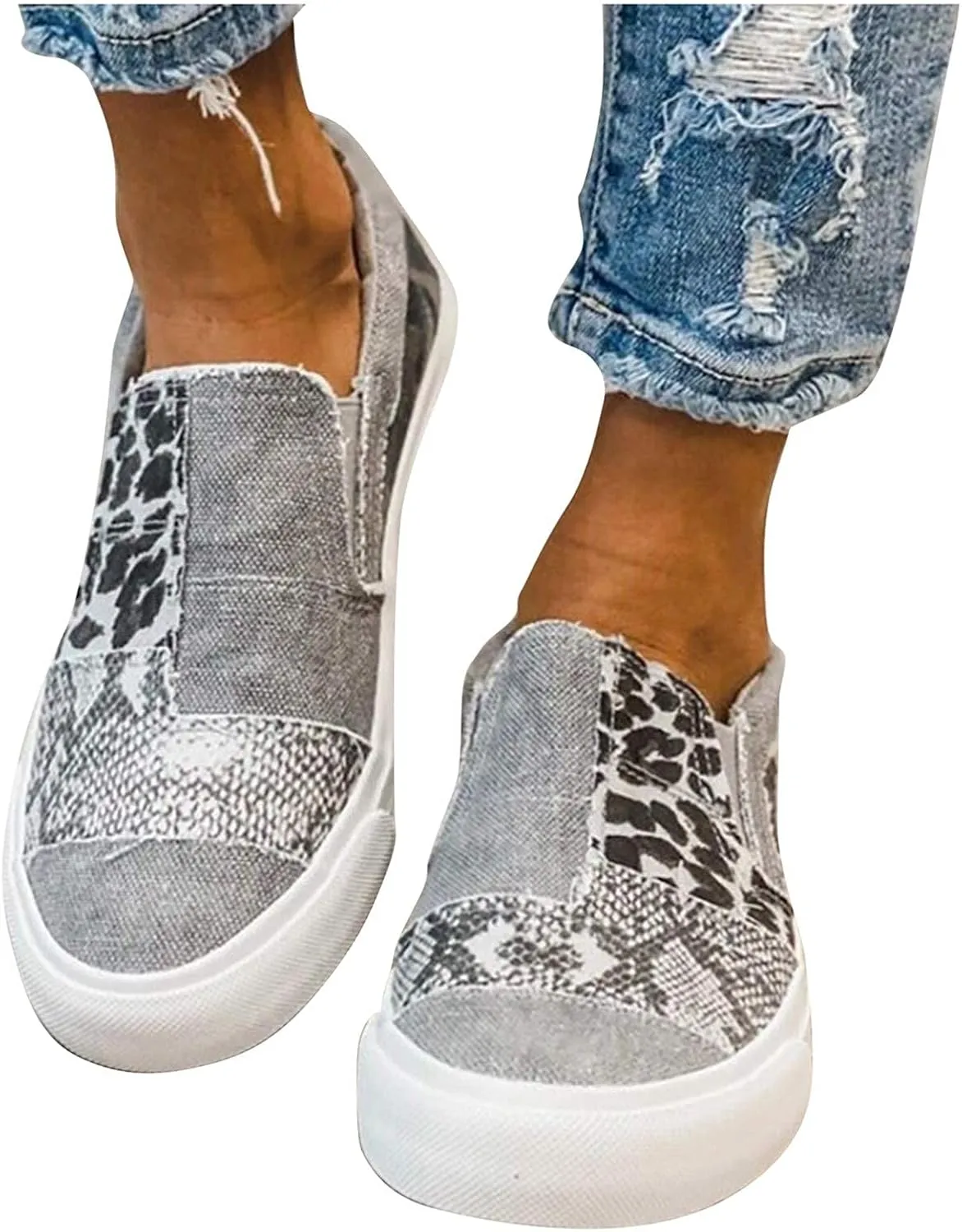 Womens Casual Pieced Raw Edge Animal Print Canvas Orthopedic Comfort Platform Slip Low Top Sneaker with No Show Sockless Washable No Slipping No Stinking Barefoot Insert Flats