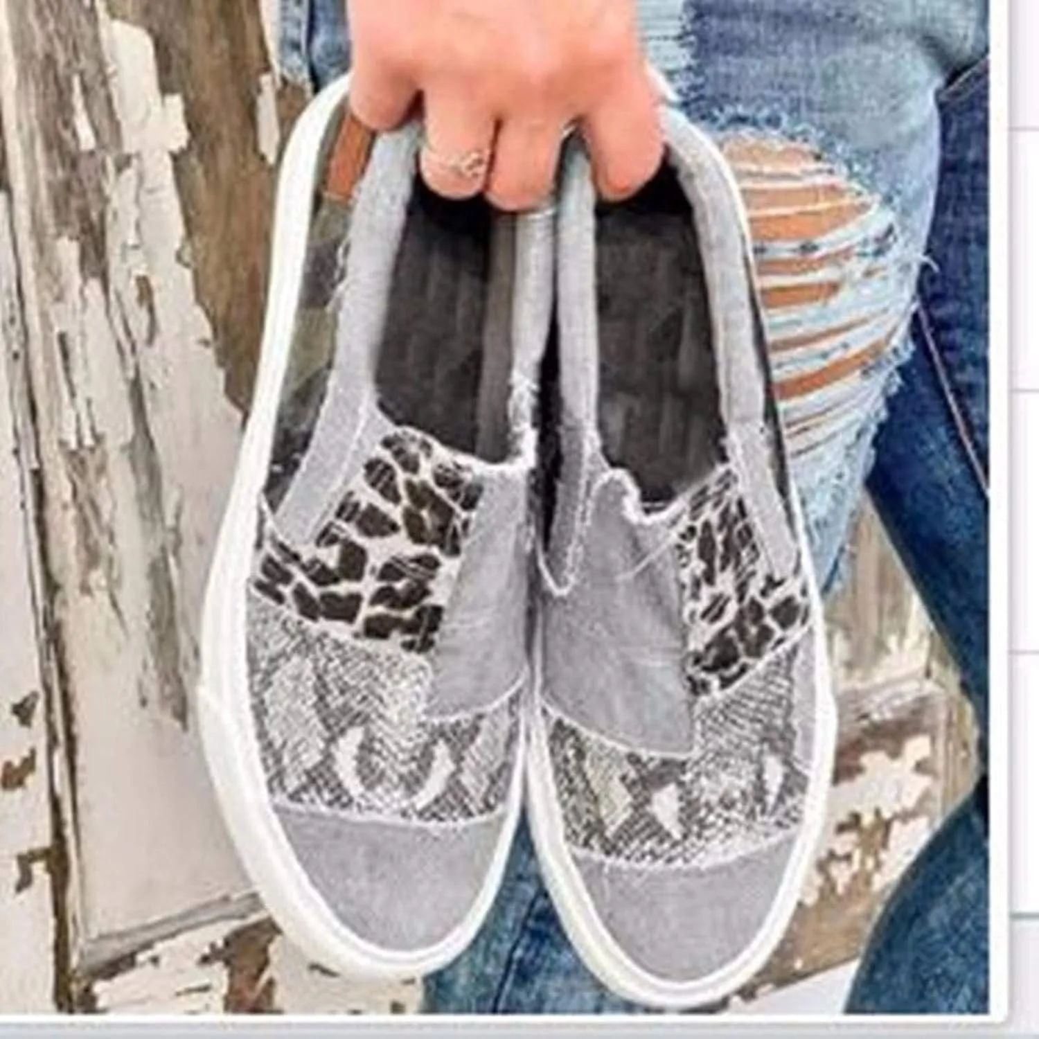 Womens Casual Pieced Raw Edge Animal Print Canvas Orthopedic Comfort Platform Slip Low Top Sneaker with No Show Sockless Washable No Slipping No Stinking Barefoot Insert Flats