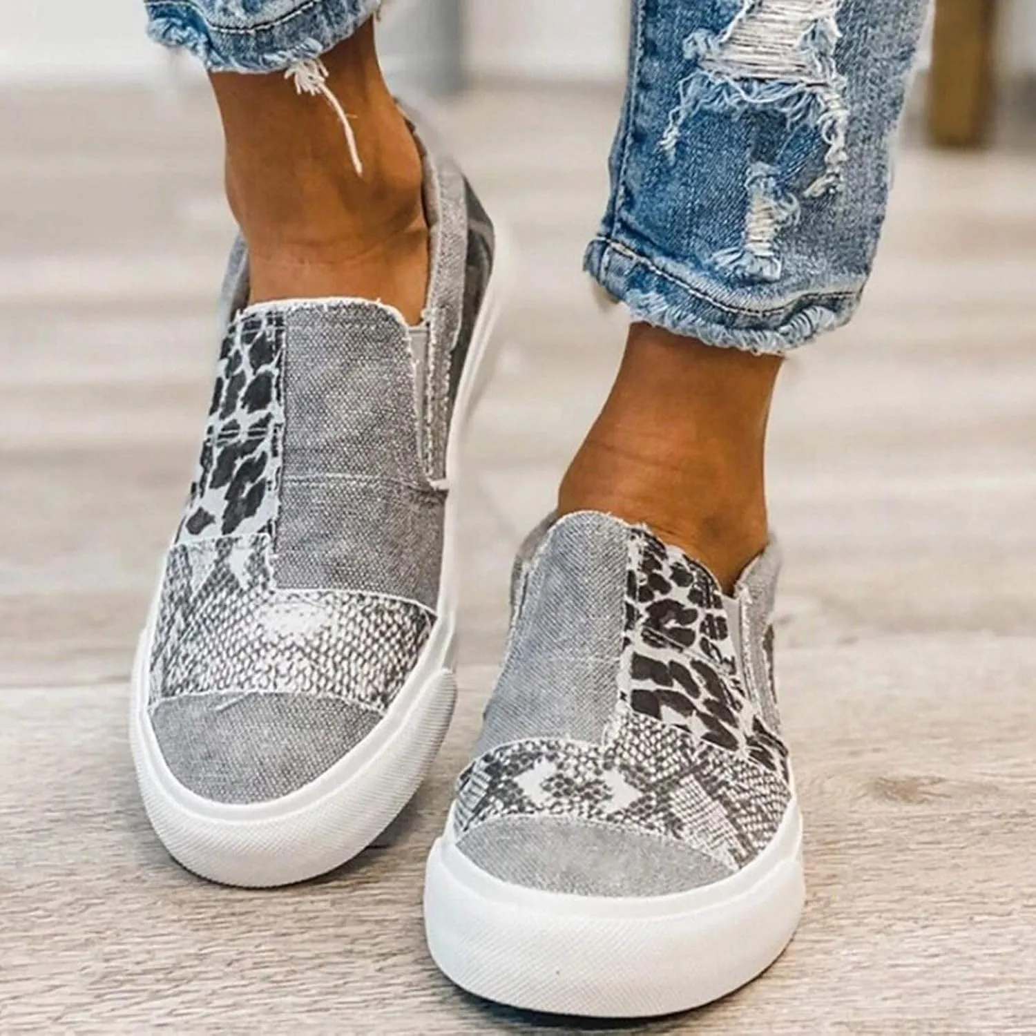 Womens Casual Pieced Raw Edge Animal Print Canvas Orthopedic Comfort Platform Slip Low Top Sneaker with No Show Sockless Washable No Slipping No Stinking Barefoot Insert Flats