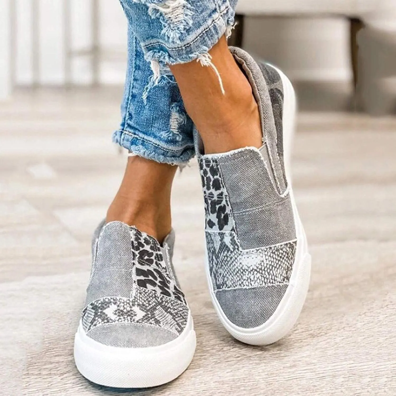 Womens Casual Pieced Raw Edge Animal Print Canvas Orthopedic Comfort Platform Slip Low Top Sneaker with No Show Sockless Washable No Slipping No Stinking Barefoot Insert Flats