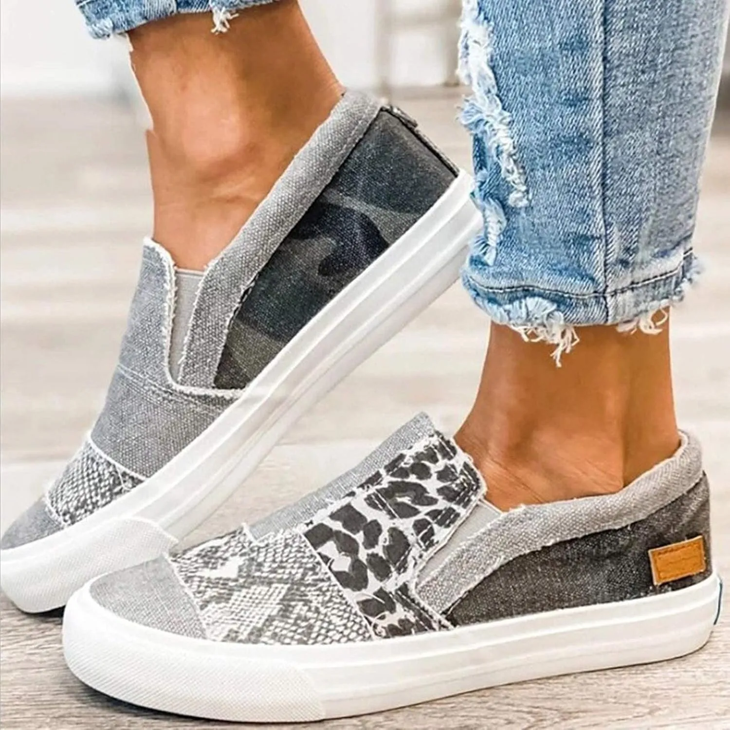 Womens Casual Pieced Raw Edge Animal Print Canvas Orthopedic Comfort Platform Slip Low Top Sneaker with No Show Sockless Washable No Slipping No Stinking Barefoot Insert Flats