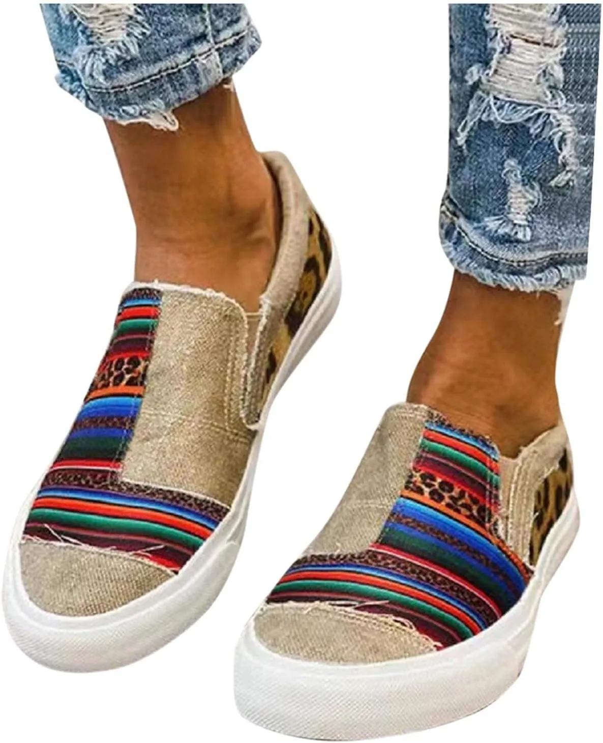 Womens Colorful Comfortable Lightweight Art Travel Floral Stylish Everyday Platform Leopard Design Casual Low Top Canvas Chunky Bottom Heels Slip Flats Loafers Driving Walking Sneakers