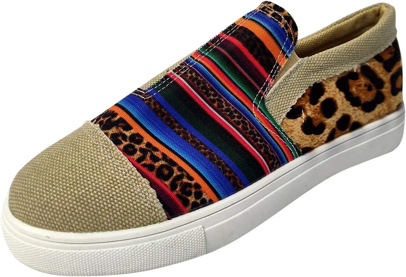 Womens Colorful Comfortable Lightweight Art Travel Floral Stylish Everyday Platform Leopard Design Casual Low Top Canvas Chunky Bottom Heels Slip Flats Loafers Driving Walking Sneakers