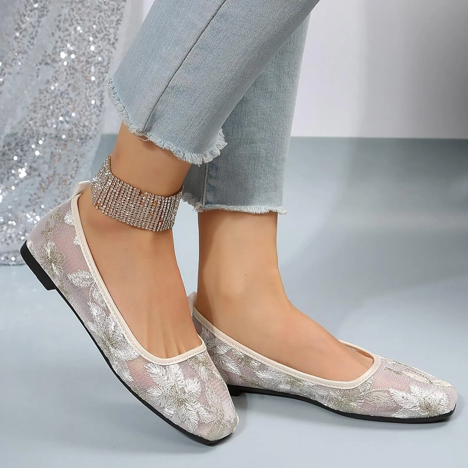 Women's Dress Flat Ballet Low Wedge Leisure Women's Four Seasons Embroidered Flowers Non Women's Ballet Flat Comfortable