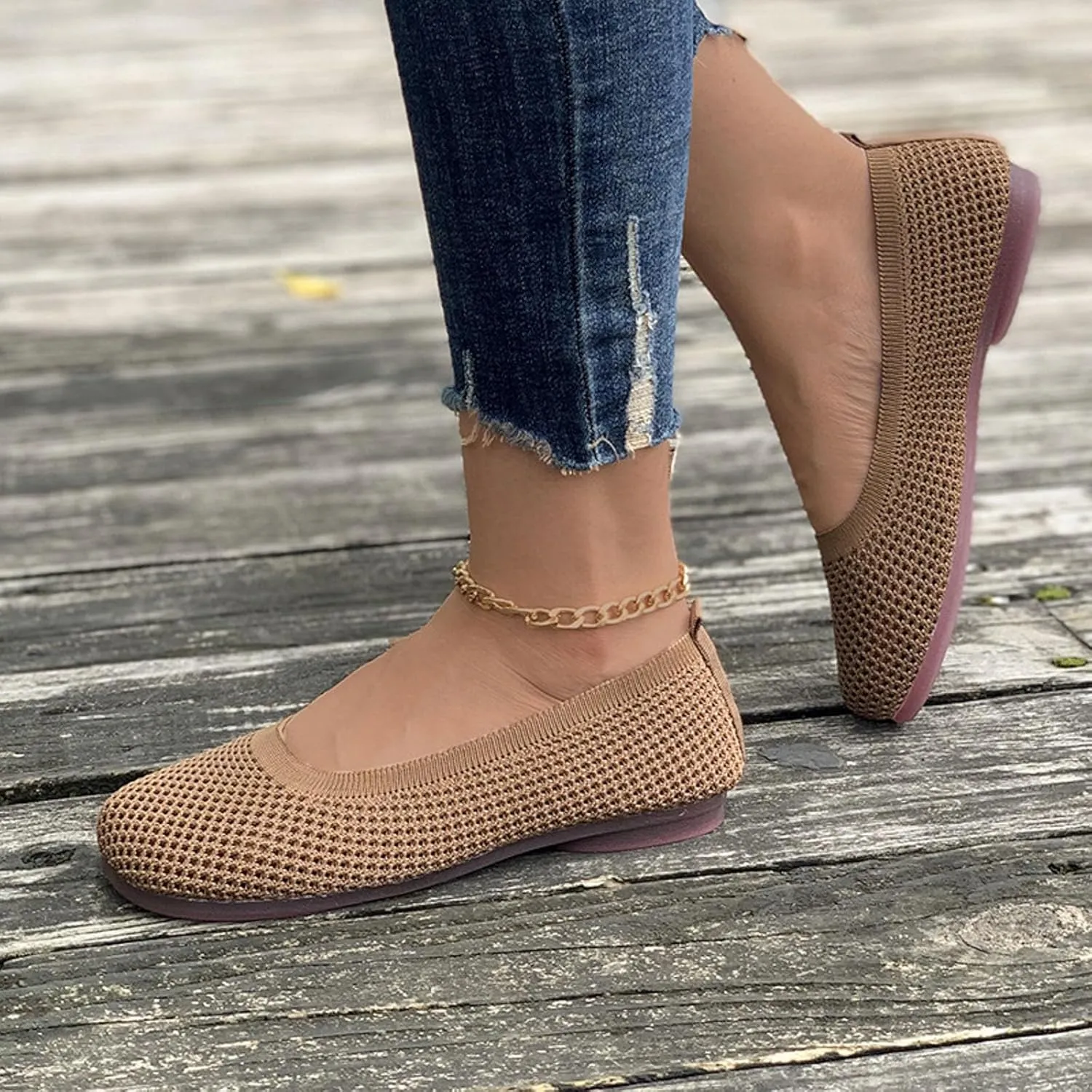 Women's Dress Flat Ballet Slip On Pointed Toe Knit Ballet Women's Flats Foldable Ballet Flat for Women Breathable Flats Knitting Single Shoes