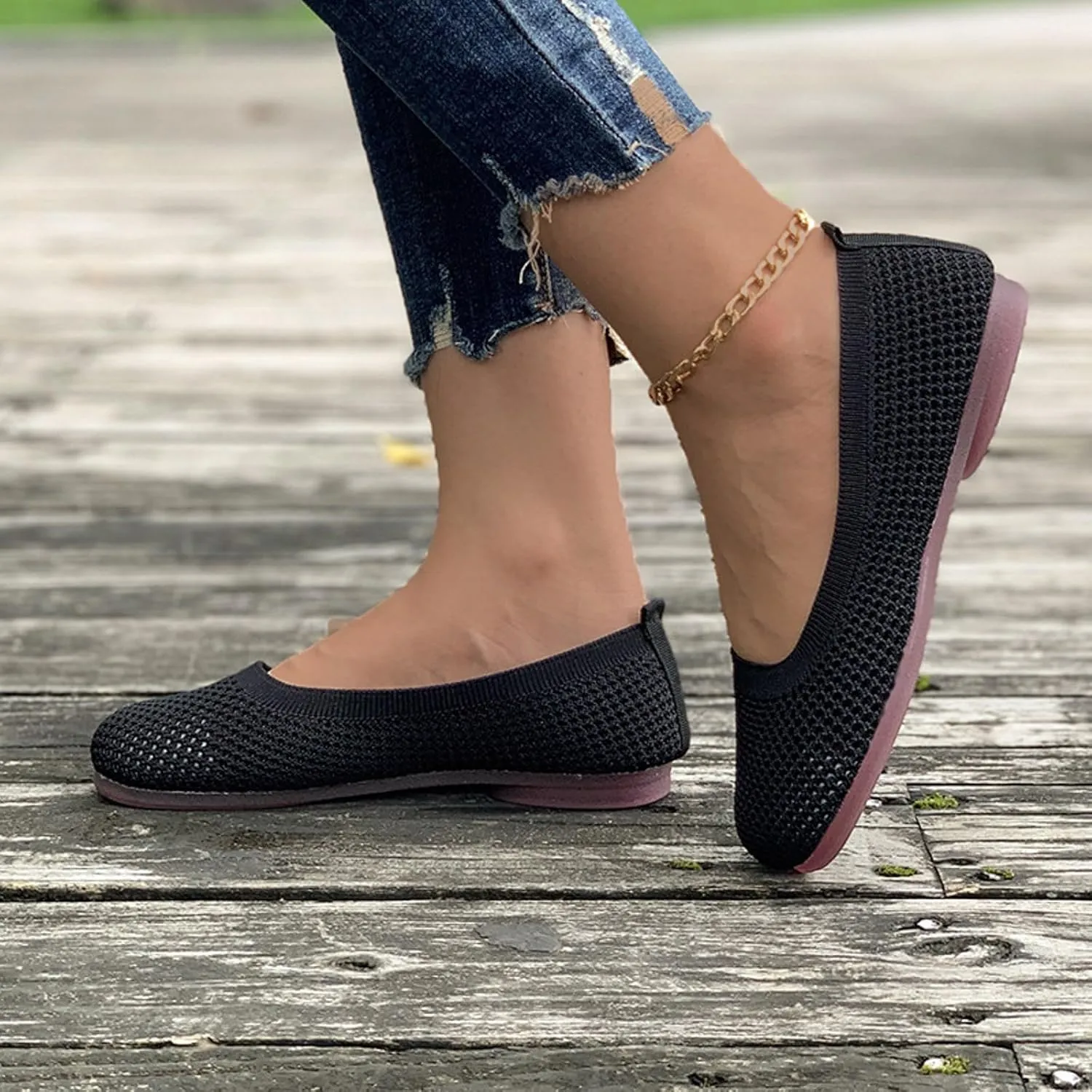 Women's Dress Flat Ballet Slip On Pointed Toe Knit Ballet Women's Flats Foldable Ballet Flat for Women Breathable Flats Knitting Single Shoes