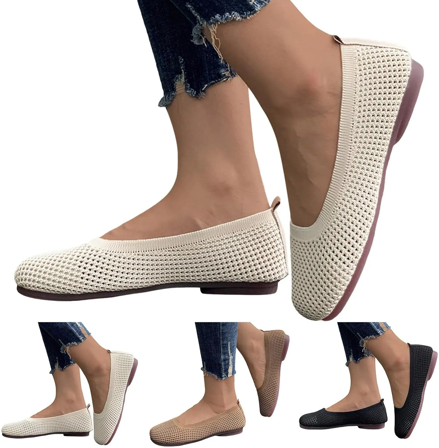 Women's Dress Flat Ballet Slip On Pointed Toe Knit Ballet Women's Flats Foldable Ballet Flat for Women Breathable Flats Knitting Single Shoes