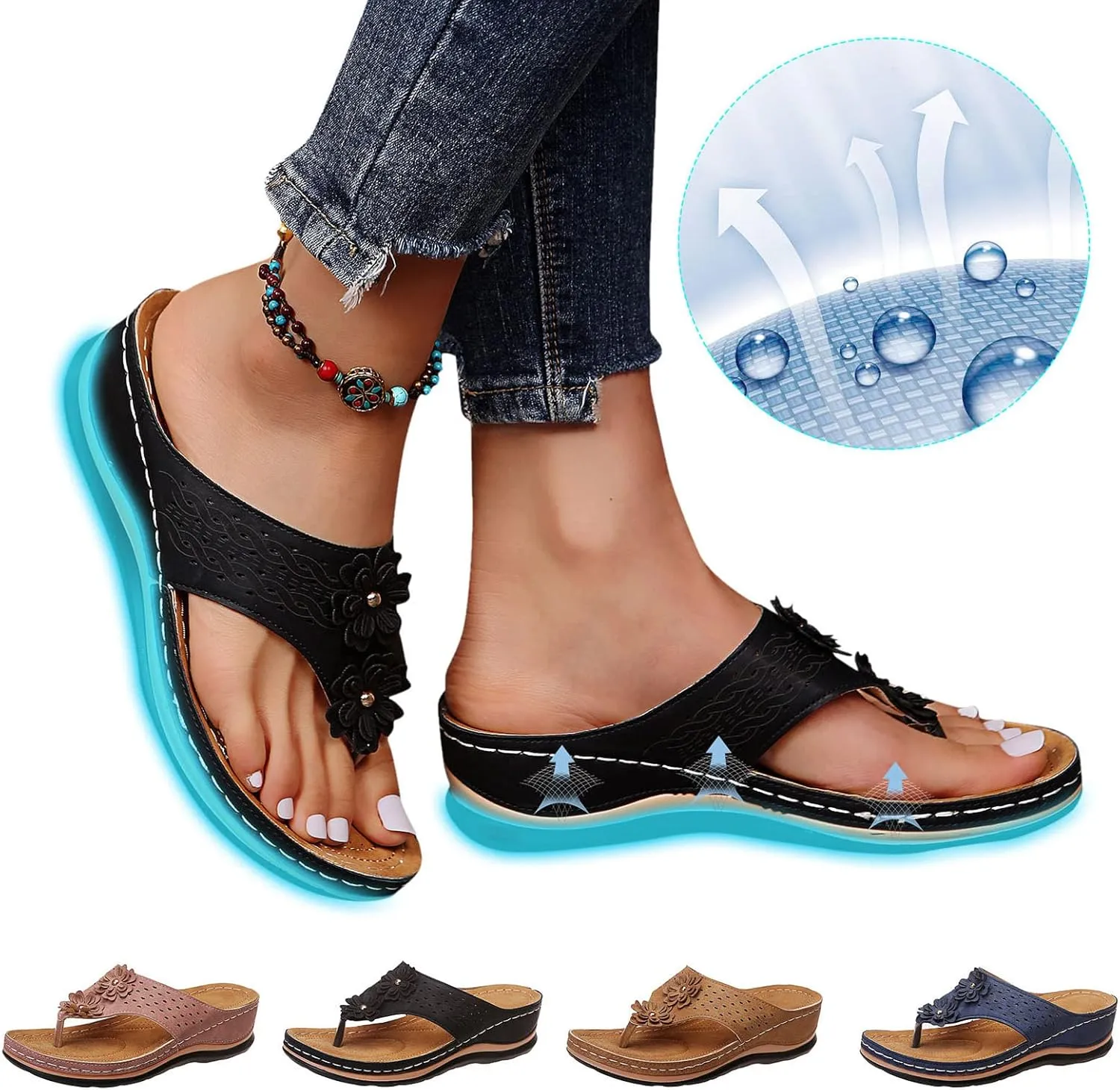 Womens Flip Flops Dressy Summer Orthopedic Sandals Arch Support Sandals Casual Wedge Thong Sandals Walking Shoes