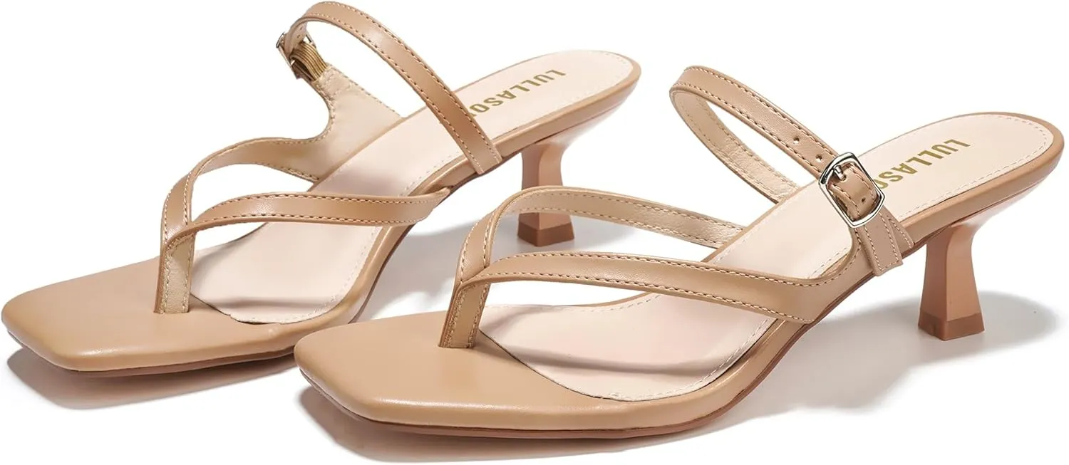 Women's Kitten Heels Sandals Flip Flops Low Heels Slip On Slides 1.8-2 Inch Heeled Square Open Toe Sandals for Women