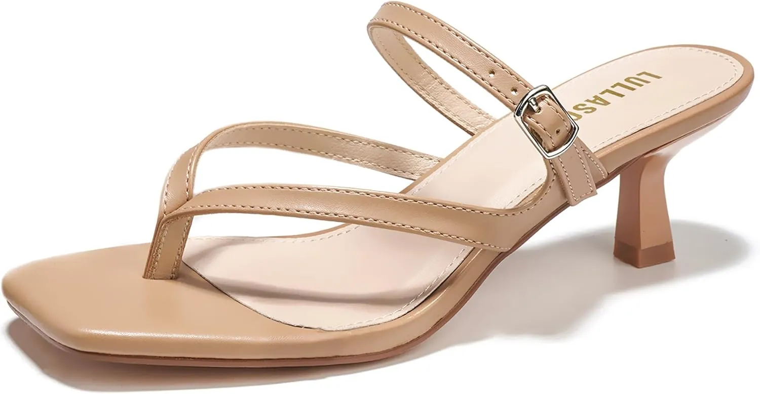 Women's Kitten Heels Sandals Flip Flops Low Heels Slip On Slides 1.8-2 Inch Heeled Square Open Toe Sandals for Women