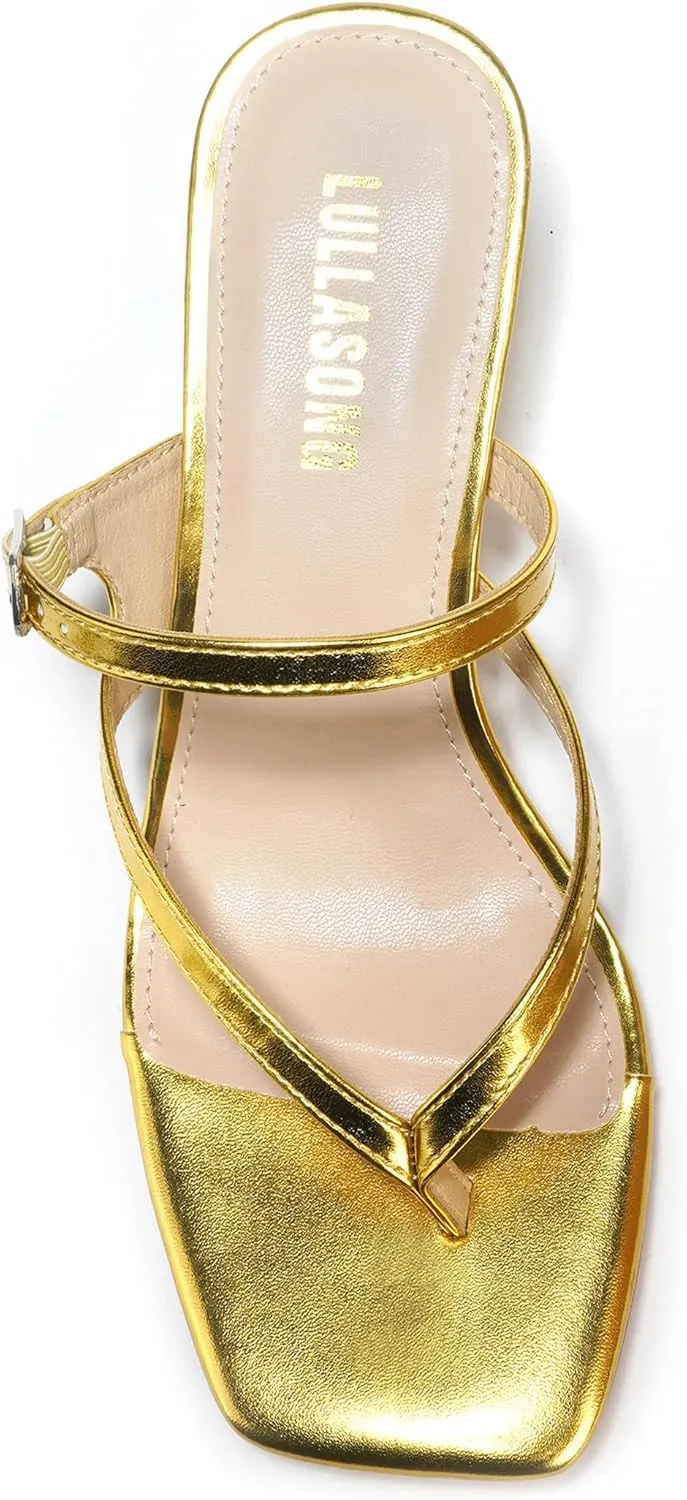 Women's Kitten Heels Sandals Flip Flops Low Heels Slip On Slides 1.8-2 Inch Heeled Square Open Toe Sandals for Women